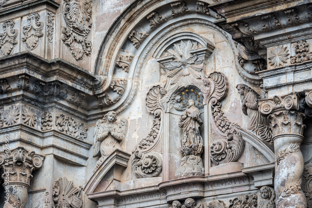 Details of the facade of the baroque Church of the Society of Jesus, (La Compañía) in Quito, Ecuador