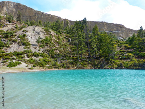 Nepal turquoise Sacred Lake Dhumba in Himalayan mountains . Calmness, zen, meditation, Buddhism.