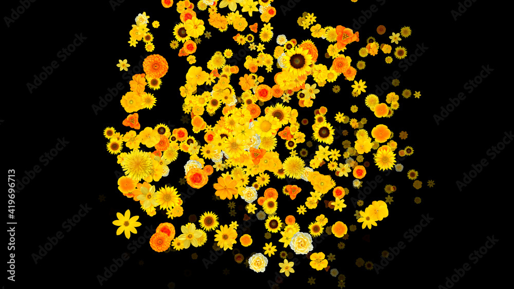 Colorful Sparkling Yellow Flowers 3D illustration.