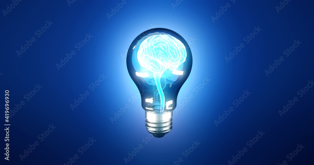 Shining human brain inside a light bulb. Brainstorming concept.Idea or insight 3D illustration Shining human brain inside a light bulb. Brainstorming concept.Idea or insight 3D illustration