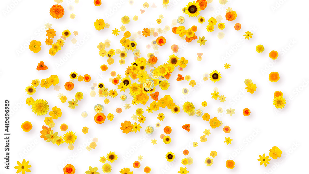 Colorful Sparkling Yellow Flowers 3D illustration.