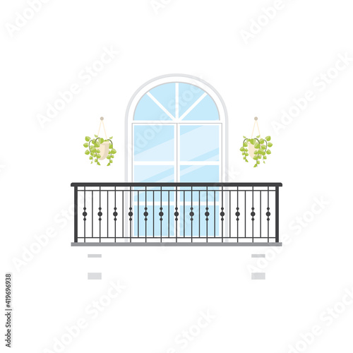 Arched balcony with flower cachepots, pillars and forged balustrades isolated facade exterior construction. Vector Italian balcony, arch window and railing, flowerpots, summer terrace at house