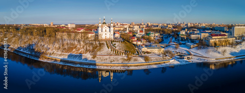 Panoramic view of Dvina river and city of Vitebsk with cathedral orthodox church on the hill and oold town. Aerial view. Travel concept.