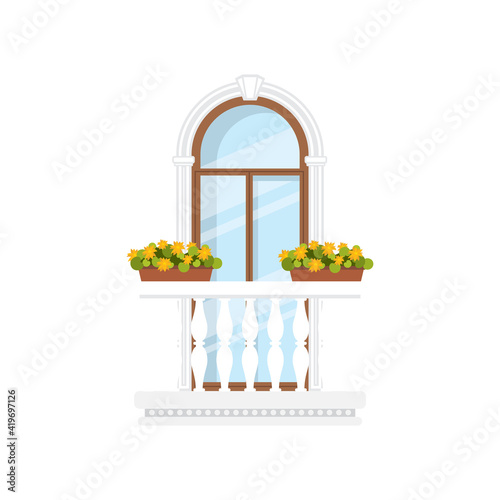 Balcony with marble railings, flower pots isolated in pots. Vector window at balcony, floral decor at railing, flowerpots. Summer terrace, railing white barrier and growing plants in pots