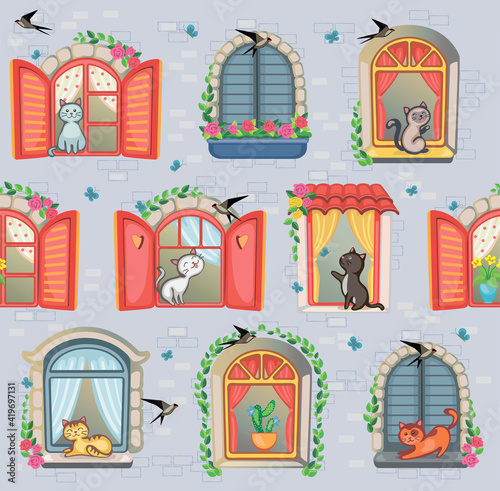 Set colorful windows with cats, flowers and birds. Potted flowers on the windowsill. Atr house with vintage shutters. Vector seamless illustration. Pattern for print. Ivy on brick wall. Drawn building