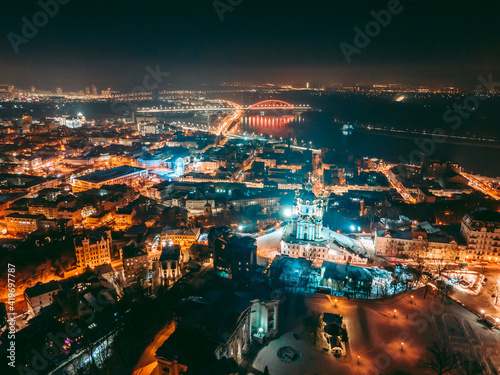 Aerial view of the 19th century St. Andrew's Church in the center of Kiev at night in winter