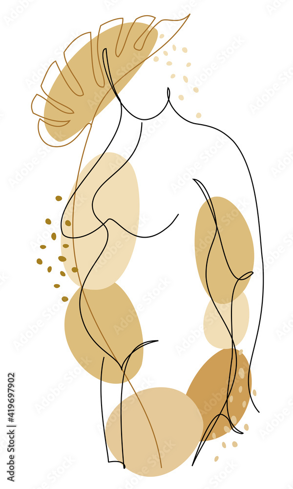 Silhouettes of the figure of a girl and a leaf of a plant in a modern one-line style. The woman is pregnant. Solid line, aesthetic outline for decor, posters, stickers, logo. Vector illustration.
