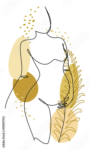 Silhouettes of the figure of a girl and a leaf of a plant in a modern one-line style. The woman is pregnant. Solid line, aesthetic outline for decor, posters, stickers, logo. Vector illustration.
