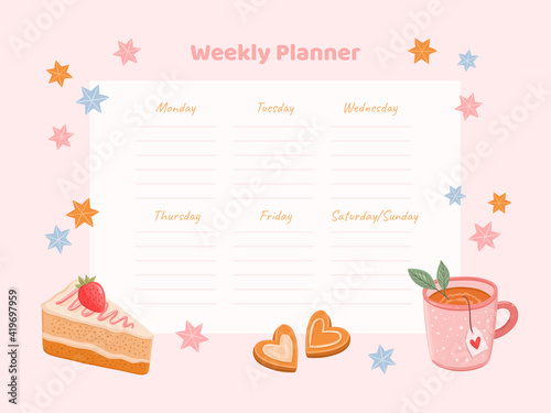 Hand drawn vector weekly planner template with tea mug  cake and cookies