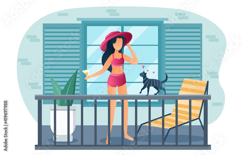 Young female character is sunbathing on balcony of residential building. Girl in swimsuit, hat and glasses tans under sun on open terrace in apartment or hotel room. Flat cartoon vector illustration