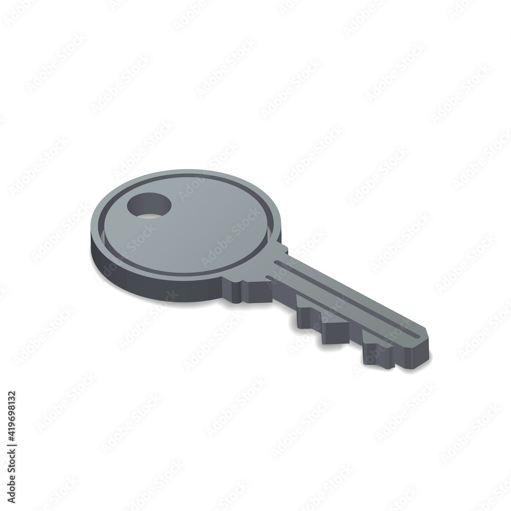 3D door key simple icon in isometric view on white