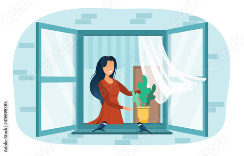 Smiling female neighbor girl dreaming at open window. Cheerful woman opened window. Little birds are sitting on the window near plant. Happy girl is enjoing fresh air. Flat cartoon vector illustration
