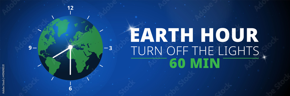 Naklejka premium Earth hour illustration with planet and turn off button. Turn off the lights. Web banner.