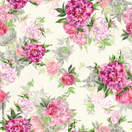  Abstract floral seamless pattern painted with paints lovely peonies with foliage