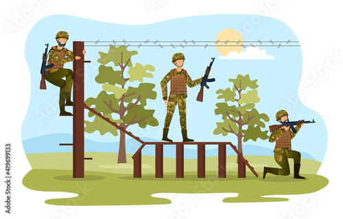 Three male characters are training for soldiers together. Men in camouflage are overcoming obstacles to become stronger. Concept of military training. Flat cartoon vector illustration