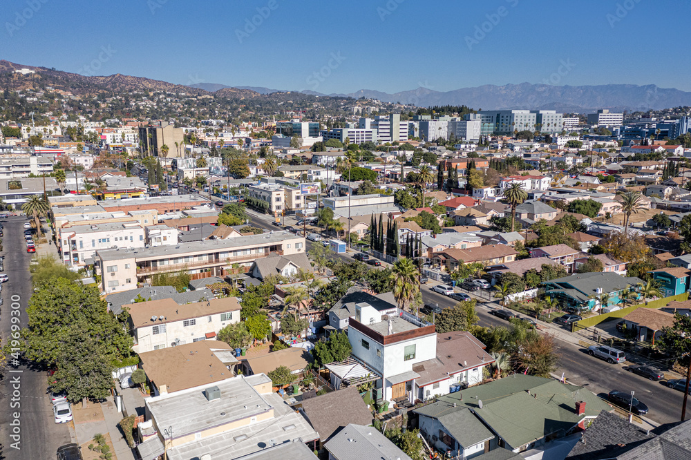 Aerial View of Beverly Hills California.  Framed with Hollywood Hills and Angeles Mountains.