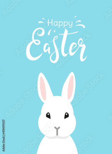 Happy Easter. Cute greeting card or poster design with white flat cartoon rabbit and handwritten lettering on blue background. - Vector illustration