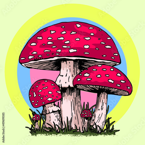 Εκτύπωση καμβά MUSHROOMS VINTAGE SKETCH SCREEN GRAPHIC HIPPIE PSYCHEDELIC OUTLINE COLORFUL AMAN