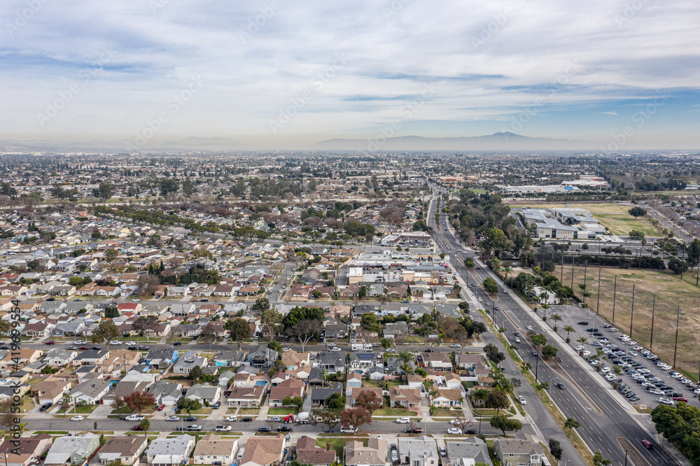 Drone Aerial View Suburban Coastal California Neighborhood. Single Family Homes Near A Park and Ocean Drone Aerial View Suburban Coastal California Neighborhood. Single Family Homes Near A Park and Ocean