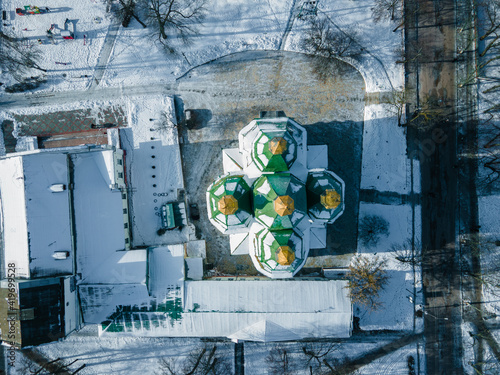 Aerial view from a drone of the Mykolayivsʹkyy Sobor in the Ukrainian Baroque style in the city of Nizhyn, Chernihiv region photo