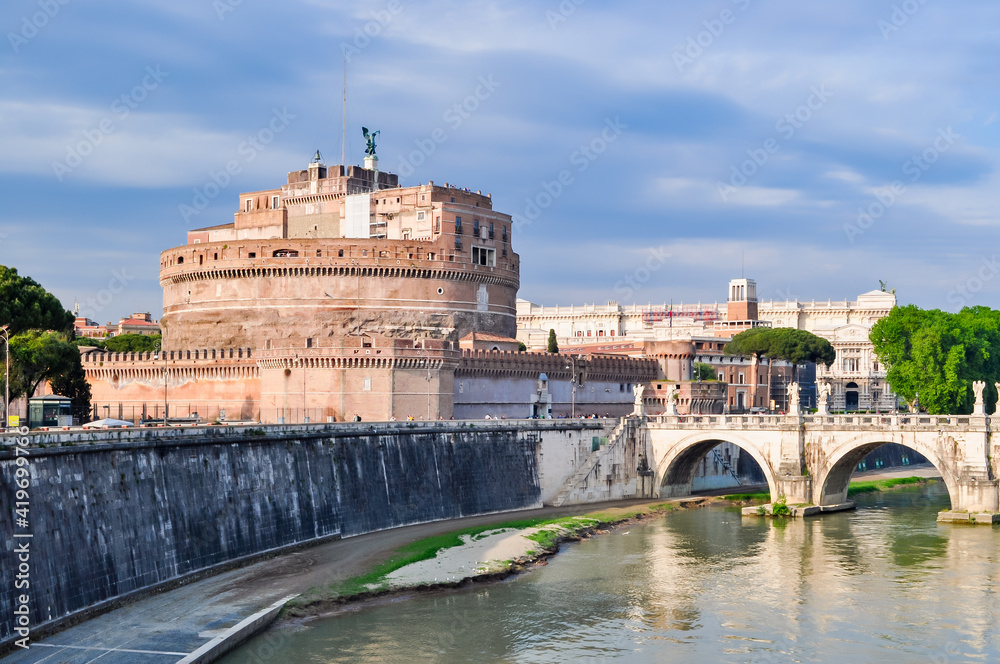 Castle of the Holy Angel (Castel Sant'Angelo) and St. Angel bridge (Ponte Sant'Angelo) over Tiber river, Rome, Italy