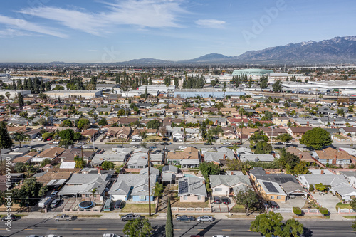 Drone Aerial View Suburban California Neighborhood. Single Family Homes