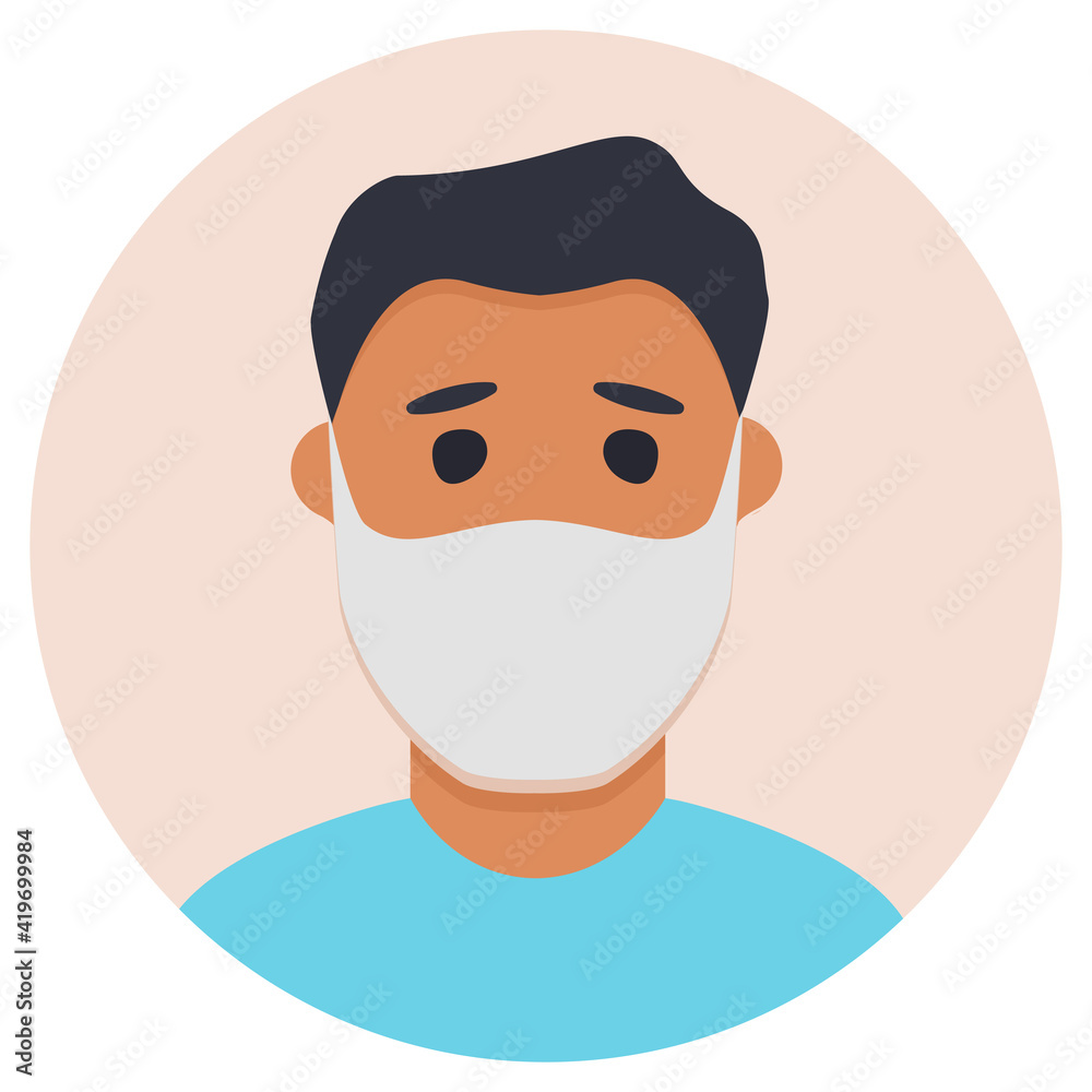 Man in face mask to prevent disease COVID-19. Vector flat .Guy brunette in medical mask icon. Man in face mask to prevent disease COVID-19. Vector flat .Guy brunette in medical mask icon.