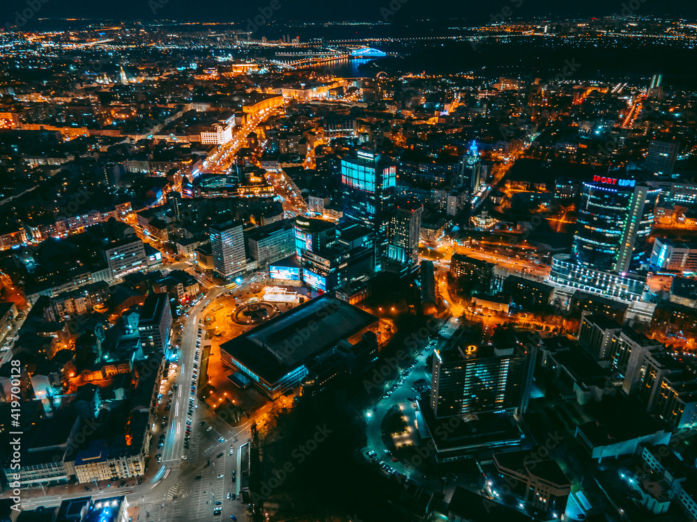 Aerial view from a drone of the business center of the capital of the metropolis Kyiv at night