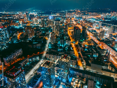 Aerial view from a drone of the business center of the capital of the metropolis Kyiv at night