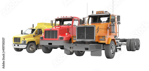 3d rendering group of heavy vehicles for transportation on white background no shadow