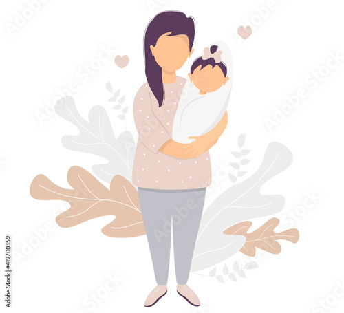 Motherhood. Happy woman in trousers with a newborn girl in her arms in full growth stands against a background of a pattern of leaves and plants. Vector illustration. Happy family - mom and daughter
