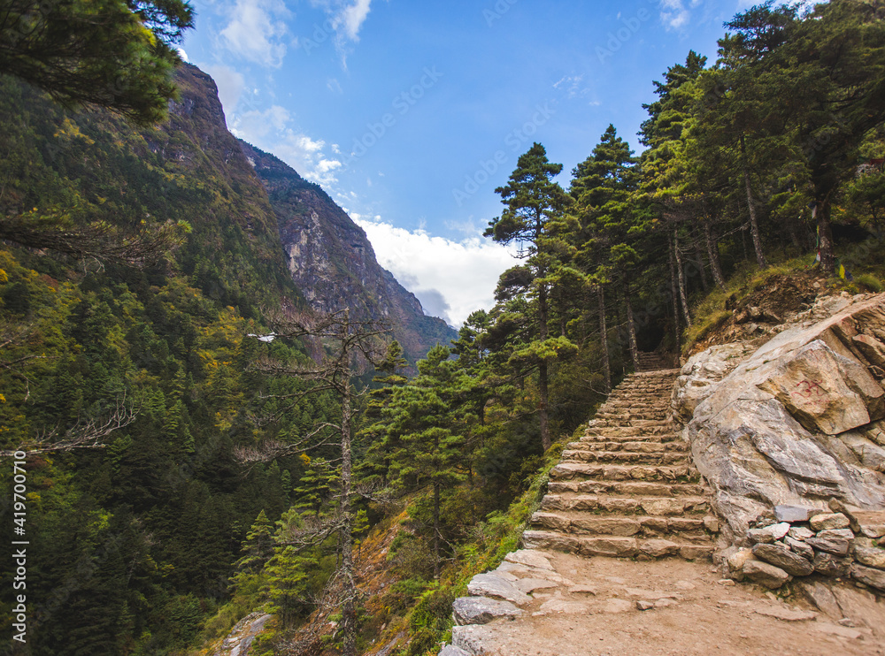 Stone staircase on the way to Namche Bazar, Nepal.