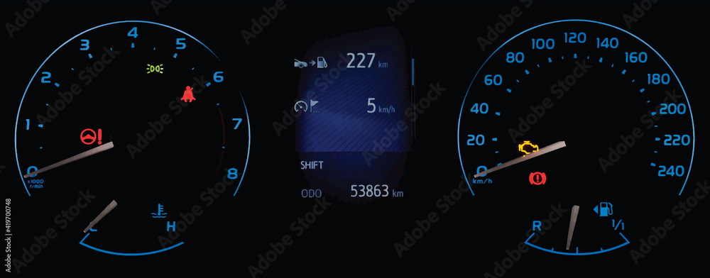 Vector illustration of car instrument panel with speedometer, tachometer, odometer, fuel gauge, oil temperature gauge, check engine icon, seat belt reminder. Car dashboard in blue. Fuel range display.