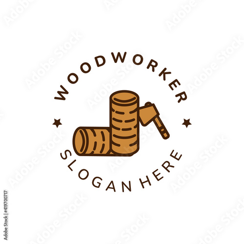 woodworker vintage color emblem logo icon vector illustration template design. ax, wood, floorer, carpenter and joiner logo template design