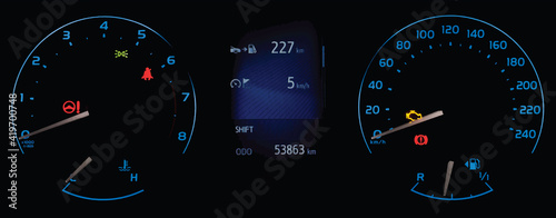 Vector illustration of car instrument panel with speedometer, tachometer, odometer, fuel gauge, oil temperature gauge, check engine icon, seat belt reminder. Car dashboard in blue. Fuel range display.