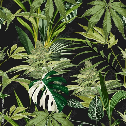 Seamless pattern of cannabis plant and palm tropical leaves. Legal Medicine Cannabis Marijuana Illustration. Black background.