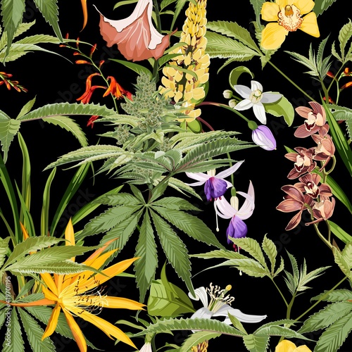 Seamless pattern of cannabis plant and many kind of flowers. Legal Medicine Cannabis Marijuana Illustration. Black background.