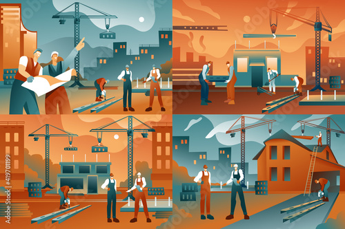 Construction worker, Builder illustrations set. A group of builders at a construction site. Flat vector illustration. Construction industry concept. Professional cartoon contractors and engineers.