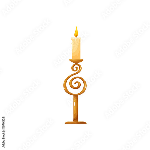 Candle in brass vintage candlestick with decorative swirls isolated object with candlelight. Vector burning flame, vintage burning candle in copper candlestick, melting wax paraffin in bronze holder