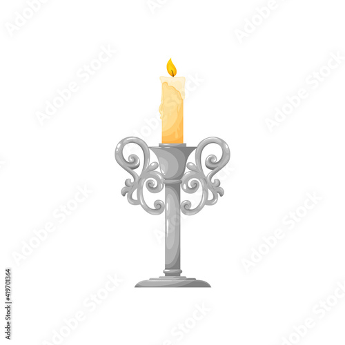 Silver candlestick with bright burning candle isolated realistic icon. Vector vintage ornamental metal holder, paraffin wax candle with flame. Christmas and wedding decoration, illumination object