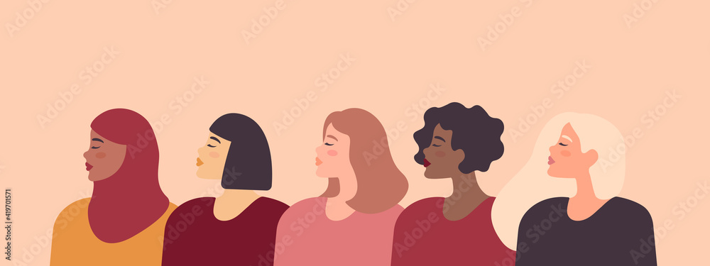Vector banner with women of different nationalities and cultures. Vector banner with women of different nationalities and cultures.