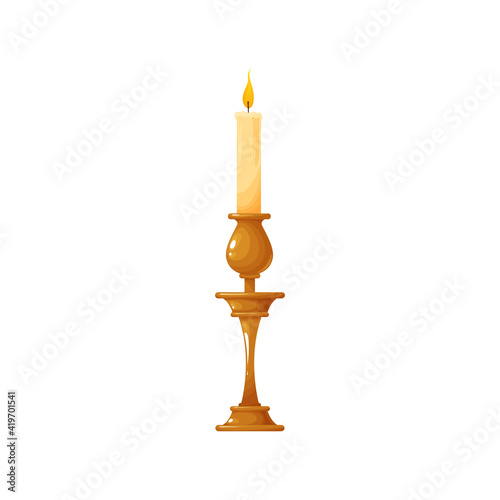 Candle in wooden candlestick isolated retro illumination symbol. Vector glowing Christmas or New Year decoration. Vintage candlestick and bright flame, candlelight from burning paraffin wax candle