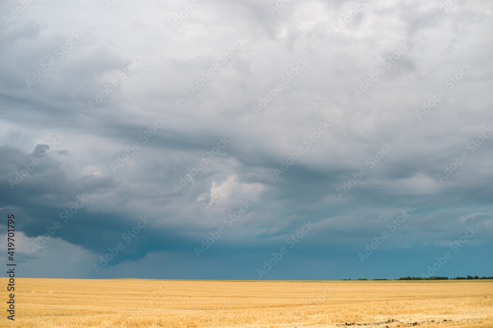 storm clouds over a wheat field, a tornado is visible in the distance storm clouds over a wheat field, a tornado is visible in the distance