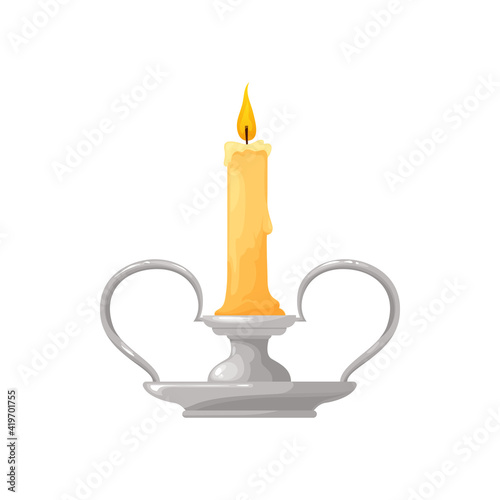 Vintage candle in candlestick with two handles isolated realistic icon. Vector silver holder with burning wax stick, glowing paraffin melting candle with bright flame. Retro decorative object