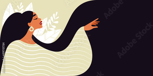 Beautiful woman with long hair makes a graceful gesture with her hand. Modern illustration of Women's Day. 8th March. Template for cards, greetings, flyer, banner. 