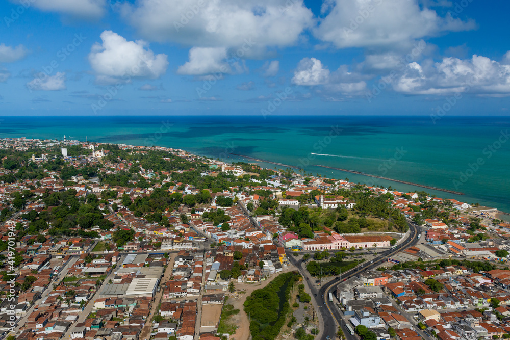 Olinda, near Recife, Pernambuco State, Brazil on November 15, 2012. Aerial view of the city showing the sea.