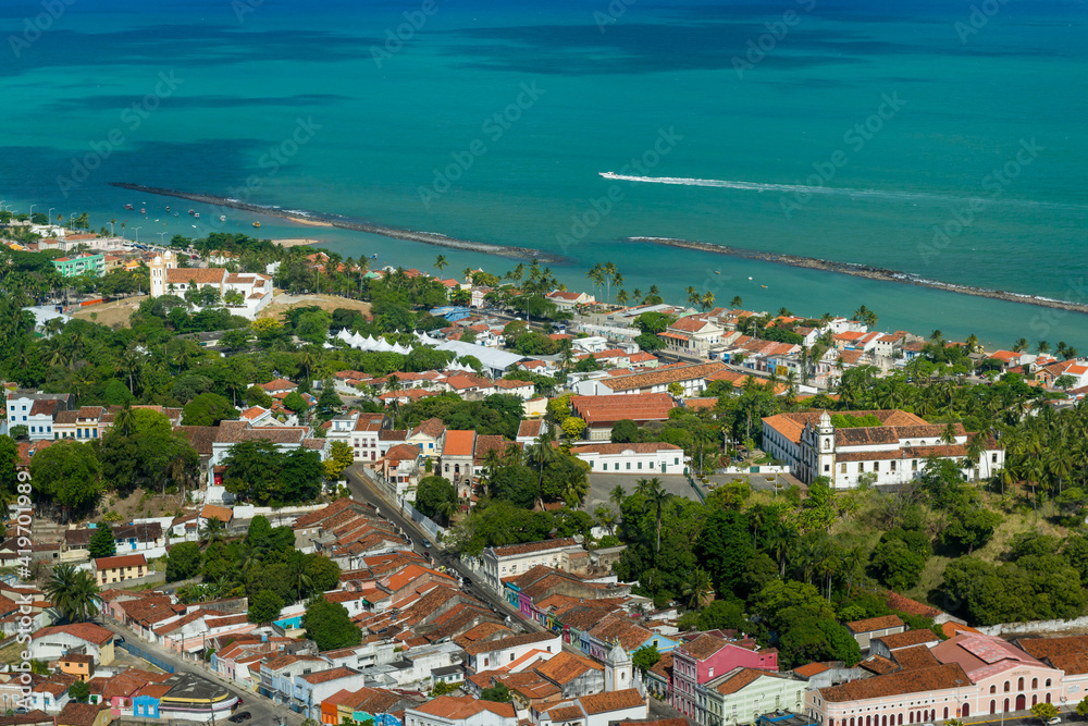 Olinda, near Recife, Pernambuco State, Brazil on November 15, 2012. Aerial view of the city showing the sea.