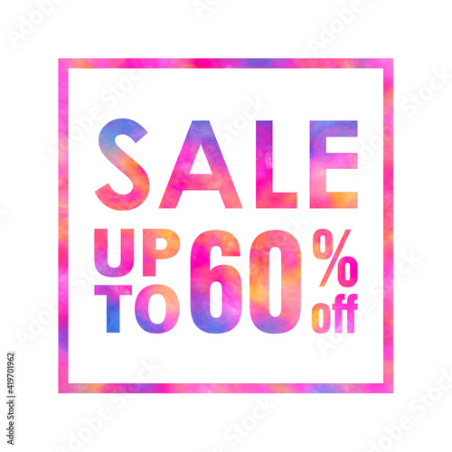 Sale banner with a bright colorful abstract texture on white background. Sale up to 60% off words written with colorful rainbow waves. Type with red, yellow, blue and violet colors for print and web.