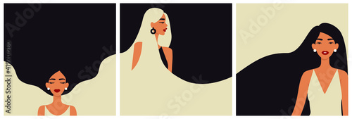 Beautiful women with long hair. Cards with minimalistic illustrations.
