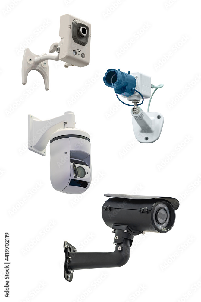 four modern video cameras to track the situation at the object on a white background four modern video cameras to track the situation at the object on a white background